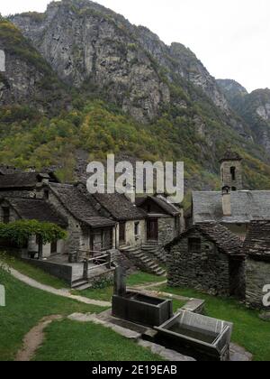 Panoramic view of historic traditional old natural stone house village town Foroglio in Bavona Valley Ticino Switzerland Europe Stock Photo