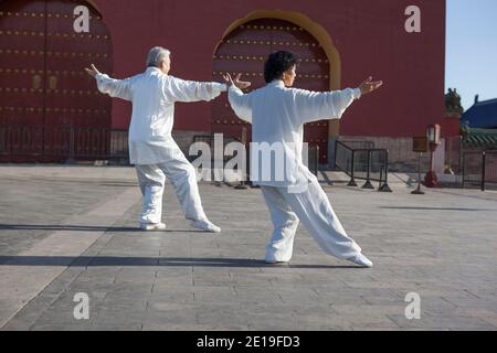 Two old people playing Tai Chi in the park high quality photo Stock Photo