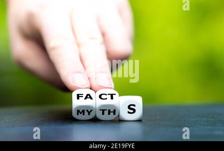 Hand turns dice and changes the word myths to facts. Stock Photo