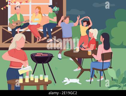 Outdoor party with friends flat color vector illustration Stock Vector