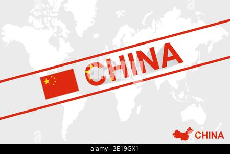 China map flag and text illustration, on world map Stock Vector
