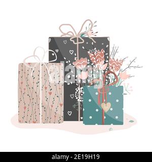 Valentine day gift boxes set with flowers. Wrapped packages decorated with ribbon bows, plants and wooden heart, isolated on white background. Vector Stock Vector