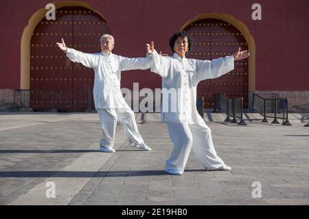 Two old people playing Tai Chi in the park high quality photo Stock Photo