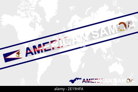 American Samoa map flag and text illustration, on world map Stock Vector