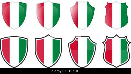 Vertical Hungary flag in shield shape, four 3d and simple versions. Hungarian icon / sign Stock Vector