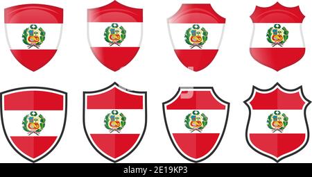 Vertical Peru flag in shield shape, four 3d and simple versions. Peruvian icon / sign Stock Vector