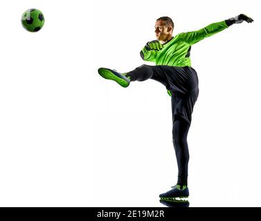 one caucasian soccer player goalkeeper  man in  studio silhouette shadow isolated on white background Stock Photo