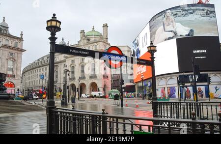 View of a deserted Piccadilly Circus in London as England imposes the third national lockdown. Stock Photo