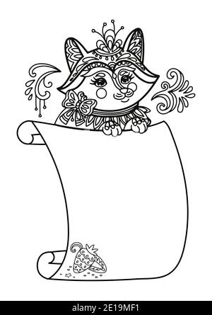 Cute fox with scroll sign template. Monochrome vector kawaii illustration with animal in tangle style and empty blank paper template. For print, desig Stock Vector