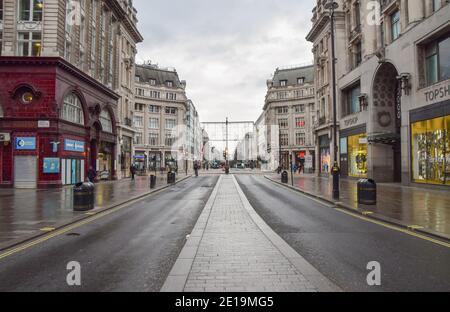 View of a deserted Oxford Street in London as England imposes the third national lockdown. Stock Photo