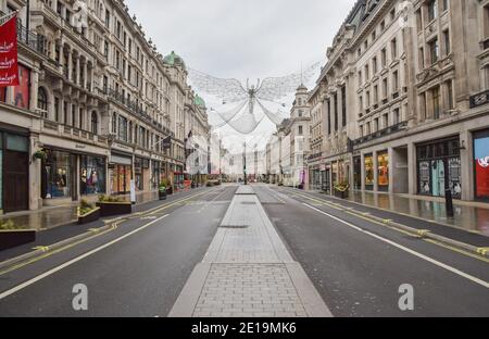 View of a deserted Regent Street in London as England imposes the third national lockdown. Stock Photo