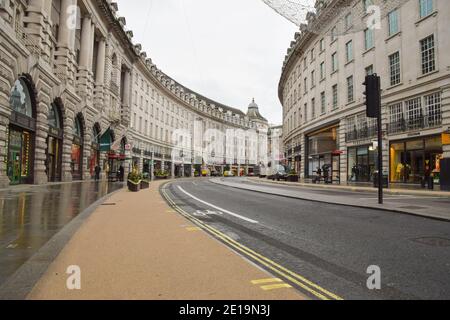 View of a deserted Regent Street in London as England imposes the third national lockdown. Stock Photo