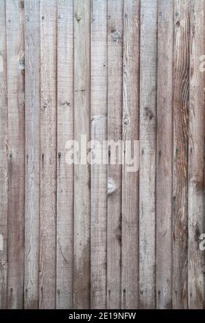Aged brown wooden fence texture. Old English textured vertical wood wall surface background pattern with mossy planks and nails. Stock Photo