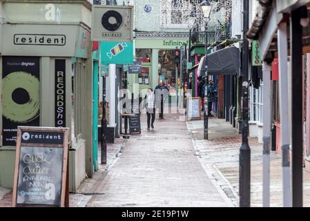 Brighton, January 5th 2021: The first day after the Prime Minister's announcement of a Tier 5 Lockdown throughout the UK led to Brighton's normally-busy streets being almost deserted this morning Credit: Andrew Hasson/Alamy Live News Stock Photo