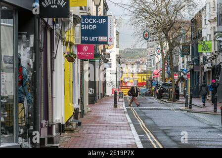 Brighton, January 5th 2021: The first day after the Prime Minister's announcement of a Tier 5 Lockdown throughout the UK led to Brighton's normally-busy streets being almost deserted this morning Credit: Andrew Hasson/Alamy Live News Stock Photo