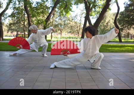 Two old people doing morning exercises in the park high quality photo Stock Photo