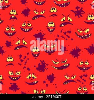 Seamless Pattern, Cartoon Characters, Funny Smiles, Monsters Faces with Various Human Emotions, Tile Red Background with Blots. Vector Stock Vector