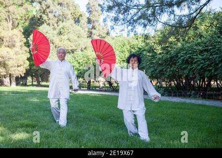 Two old people doing morning exercises in the park high quality photo Stock Photo