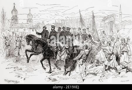 Alexander II of Russia, Grand Duke Nicholas Nikolaevich of Russia and Carol or Charles I of Romania make thier entrance into Plevna, Bulgaria in 1877 during the Russo-Turkish War (1877–1878).  From Russes et Turcs, La Guerre D'Orient, published 1878 Stock Photo