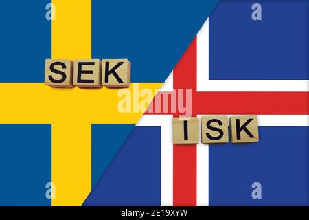 Sweden and Iceland currencies codes on national flags background. International money transfer concept Stock Photo