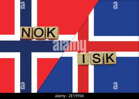Norway and Iceland currencies codes on national flags background. International money transfer concept Stock Photo