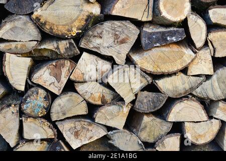 A close-up firewood stack background located outdoor on sunny day Stock Photo