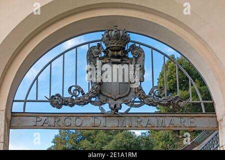 Trieste, Italy - March 7, 2020: Coat of Arms at Entrance to Historic Castle Miramare in Trieste, Italy. Stock Photo