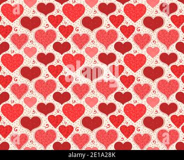 Heart seamless pattern for Valentines day, Wedding, Mothers day card. Doodle red pink vector illustration Stock Vector