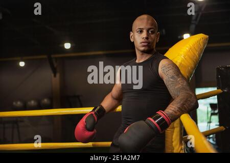 Focused handsome African male boxing fighter preparing for fighting, copy space. Handsome muscular boxer concentrating before exercising Stock Photo