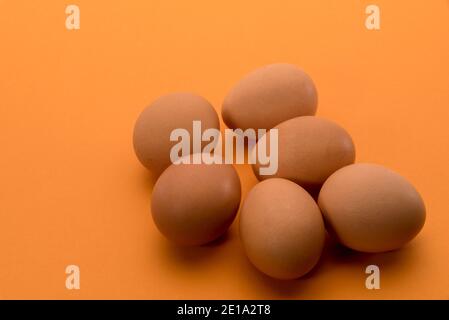 Eggs isolated on orange background, six brown chicken eggs, half a dozen in top view, text space Stock Photo