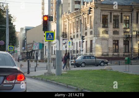 Sun glare on the historic building in the morning. Chisinau, Republic of Moldova, intersection of Stefan cel Mare boulevard and Toma Cerba street. Sep Stock Photo