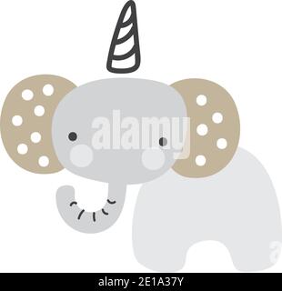 Cute catoon elephant unicorn on white background for kids. Beautiful nursery room poster tempale with cute elephant baby. Vector elephant illustration Stock Vector