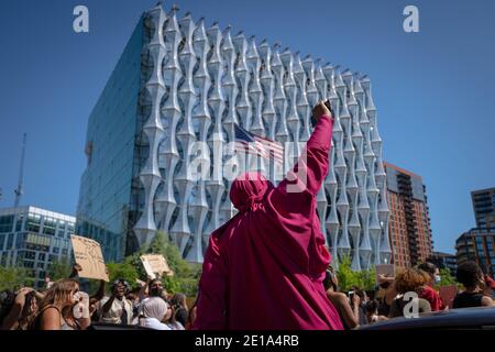 Thousands of Black Lives Matter (BLM) activists and supporters gather outside the US embassy in London to protest the death of George Floyd in the US. Stock Photo