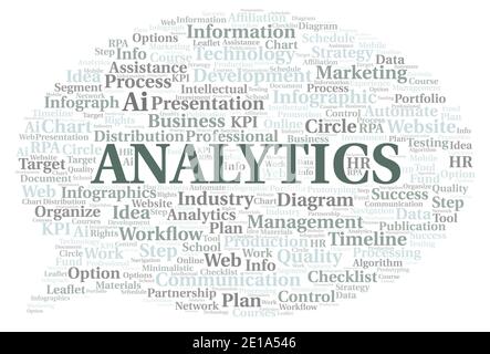 Analytics typography word cloud create with text only. Stock Photo