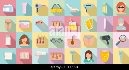 Laser hair removal icons set, flat style Stock Vector