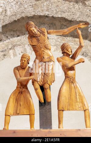 12th century wooden sculptured group of the Descent from the Cross.   12th century Santa Eulalia church, Erill la Vall, Lleida Province, Catalonia, Sp Stock Photo