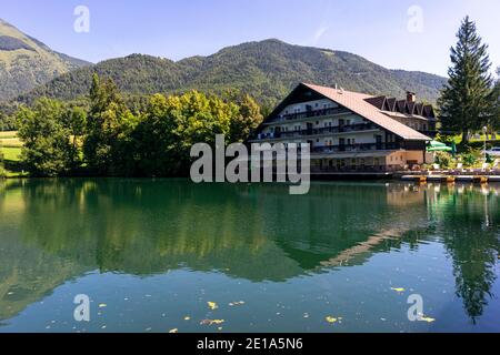 Preddvor lake with Alps in the background Stock Photo