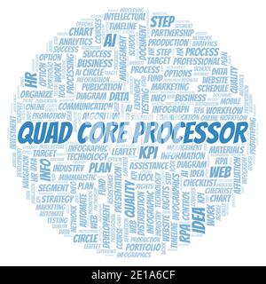 Quad Core Processor typography word cloud create with text only. Stock Photo
