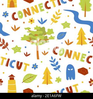 USA collection. Vector illustration of Connecticut theme. State Symbols - seamless pattern Stock Vector