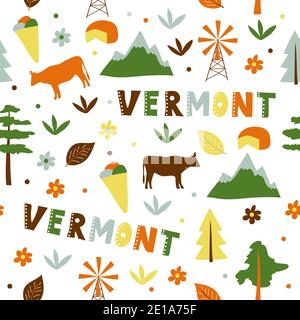 USA collection. Vector illustration of Vermont theme. State Symbols - seamless pattern Stock Vector