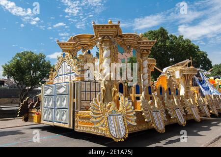 Rio de Janeiro, Brazil - March 4, 2017: Samba school vehicle parked in Presidente Vargas avenue is waiting for the parade at Sambodrome at night. Stock Photo