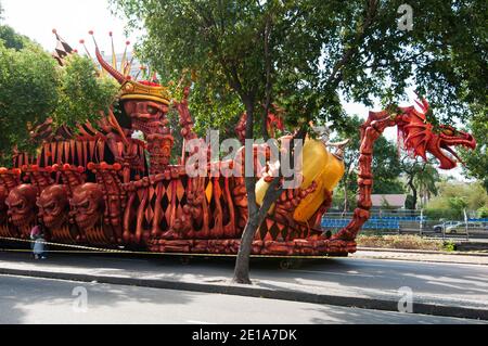 Rio de Janeiro, Brazil - March 4, 2017: Samba school vehicle parked in Presidente Vargas avenue is waiting for the parade at Sambodrome at night.