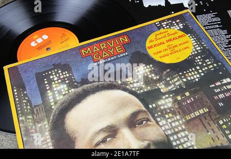 Viersen, Germany - May 9. 2020: Closeup of vinyl record covers from us american soul music singer Marvin Gaye (focus on singers name in center) Stock Photo