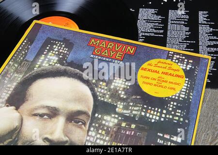 Viersen, Germany - May 9. 2020: Closeup of vinyl record covers from us american soul music singer Marvin Gaye (focus on singers name in center) Stock Photo