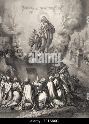 The Assumption of Mary into Heaven, Steel engraving 1853, digitally restored Stock Photo