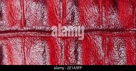 Red perforated leather texture background. Red leather close up. Macro shot of shiny leather texture. Stock Photo