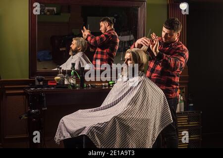 Professional cosmetics. Hipster getting haircut. Healthy hair. Annoy barber could turn out poorly for your ear. Donation and charity concept. Guy with dyed hair. Cut hair. Barber hairstyle barbershop. Stock Photo