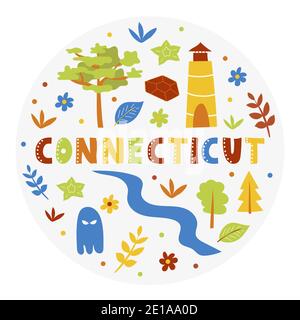 USA collection. Vector illustration of Connecticut theme. State Symbols - round shape Stock Vector