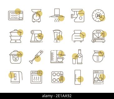 Kitchen appliances electronic electrical equipment tool vector icon set. Graph symbol for cooking web site and apps design, logo, app, UI Stock Vector