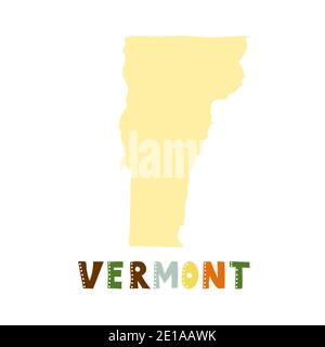 USA collection. Map of Vermont - yellow silhouette. Doodling style lettering Stock Vector